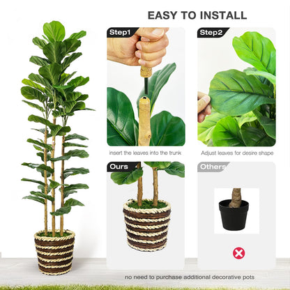 Artificial Fiddle Leaf Fig Tree Indoor with Woven Basket - 5ft Tall Fake Tree with Real-Wood Trunk,Faux Plants for Living Rooms, Offices, Kitchens & Outdoor Spaces (Round Basket)