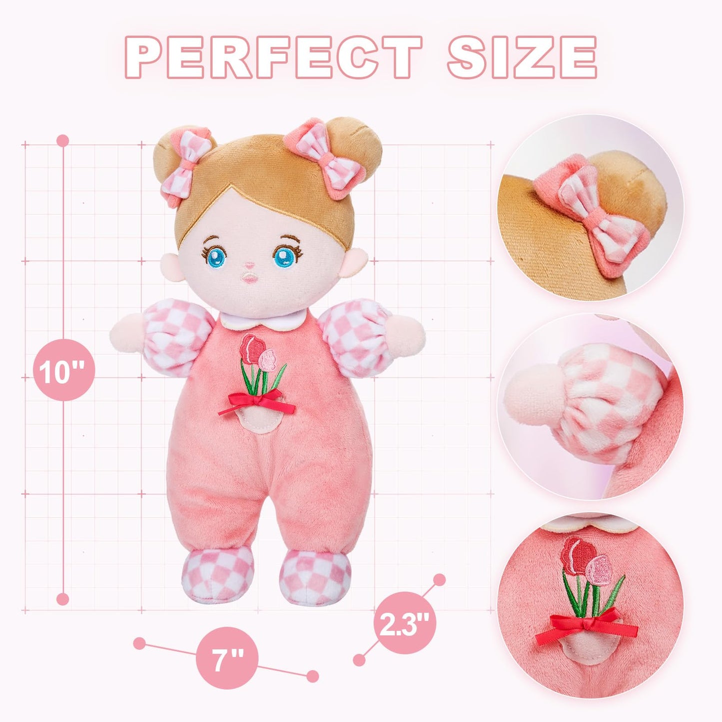 OUOZZZ Soft Baby Doll 10" Tulip Pink - First Birthday Toys for 1 Year Old Girl, Ideal 1 Year Old Girl Gifts & Baby Girl Gifts, Snuggle Buddy for Infants