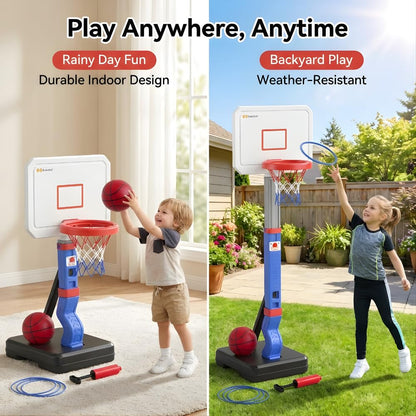 BRAGZO Toddler Basketball Hoop with Ring Toss Game, 2-in-1 Adjustable (2.5–5.5 Ft) Indoor & Outdoor Kids Basketball Set with Mini Balls, Rings, Pump & Stable Base Sports Toy for Boy & Girl Age 1-5