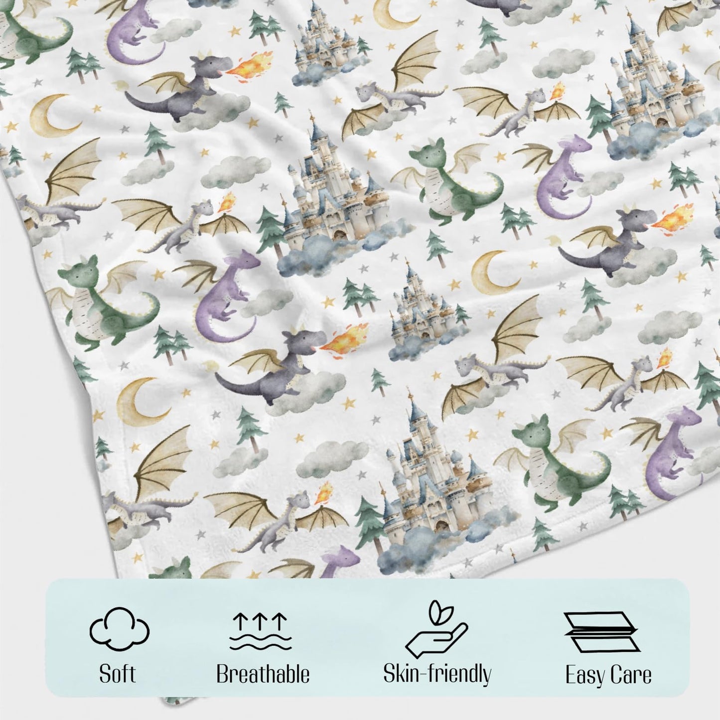 EyMzcod Baby Boy Girl Blankets Dragon Tale Castle, Watercolor Green Moon Clouds Stars Tree Soft Lightweight Nursery Receiving Swaddle, Flannel Newborn Infant Toddler Crib Bedding Kids Gift 30 x 40