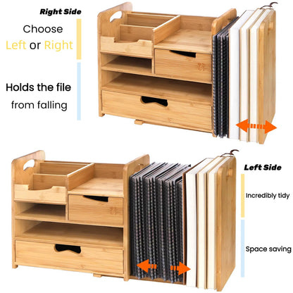 ZOOFOX Bamboo Desk Organizer with Adjustable File Holder, Mail Organizer Countertop with Drawer, 4-Tier Desktop Organization and Desk Accessories for Home Office School Supplies, No Assembly Required