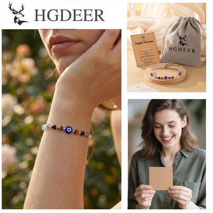 HGDEER Evil Eye Bracelets, Crystal Bracelets Protection Black Tourmaline Tigers Good Luck Gifts Healing Spiritual Jewelry for Women Charm Grounding Positive Energy Stocking Stuffer