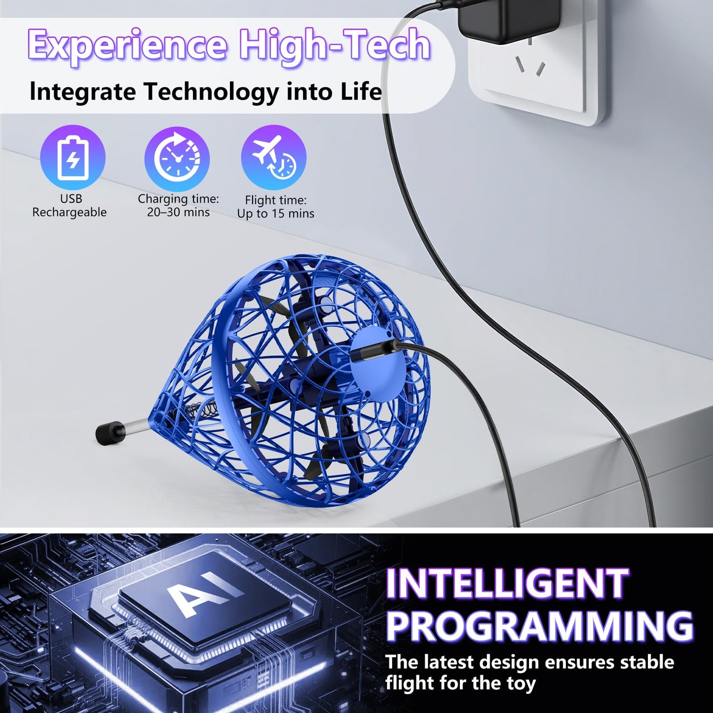 Tikduck 2026 Flying Bouncing Ball Toy - USB Rechargeable, Hand-Controlled with 3D Flips & Multi-Player Fun - Interactive Orb Toy for Kids, Teens & Adults - Indoor & Outdoor Play (Blue)