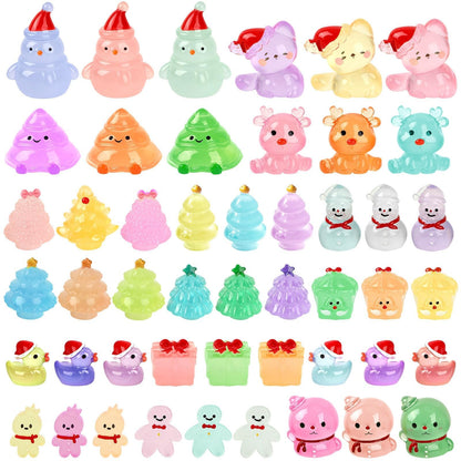Jansun Mini Christmas Luminous Figurines, 45pcs Christmas Resin Snowman Christmas Tree Gift Box Gingerbread Man Glow in The Dark Decorations for DIY Crafts Xmas Party Gifts Garden Dollhouse Decor