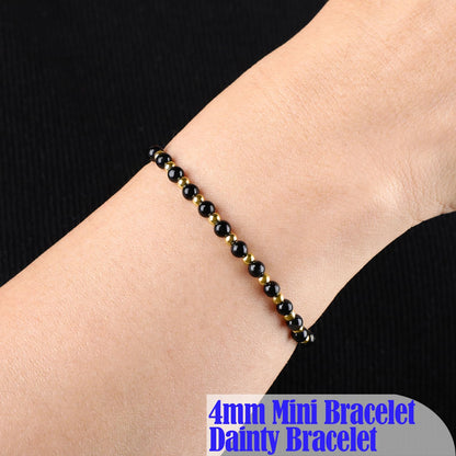 QOGIR Black Onyx - Protecting and Grounding - 14K Gold Plated Beads Natural Gemstone Stretch Elastic Dainty Healing Beaded Bracelets Gifts 4mm