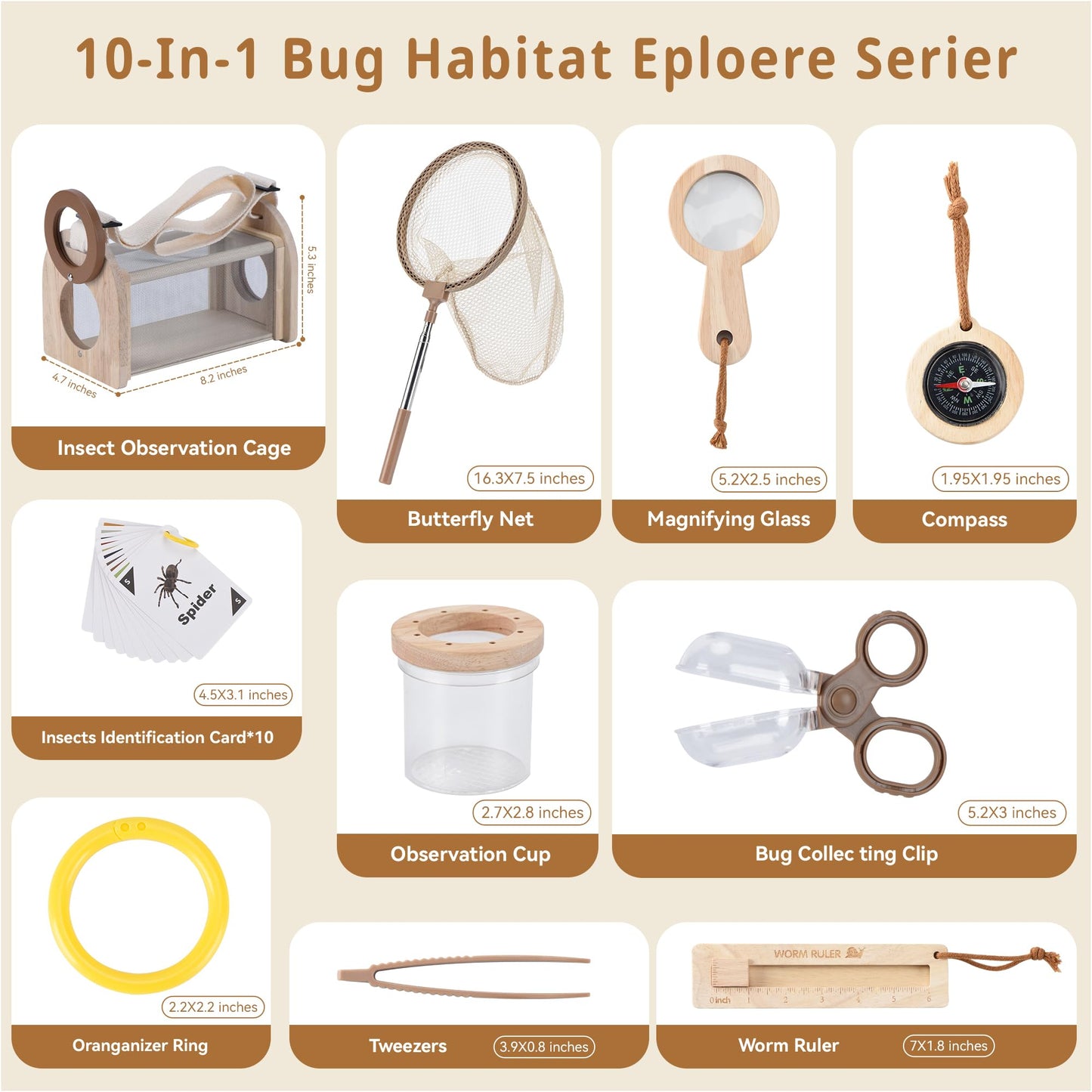 Wooden Bug Catching Kit for Kids - 10 PCS Outdoor Exploration Set with Bug Habitat, Magnifying Glass, Bug Container &Other Adventure Kit —STEM Educational Toy for Boys & Girls Ages 4-8