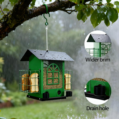 QZLOHOM Outdoor Metal Hanging Bird Feeder Large Capacity Premium Wild Bird Feeder (Includes Bread Tray) Metal Mesh Design Multi-Compartment Food Storage Green (Green)