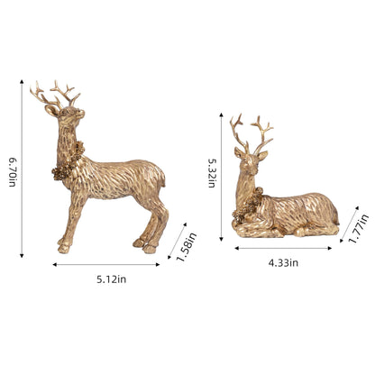 AOMOONOA Gold Reindeer Christmas Decoration, 2Pcs Small Christmas Reindeer Figurines Indoor, Tabletop Deer Statue Christmas Decor, Resin Deer Figurine Decorations for Home