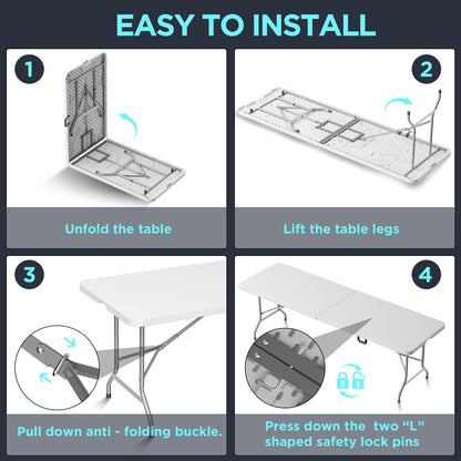 HLPB Folding Table Picnic Table, 8 ft Portable Camping Table with Handle and Safety Locks, Foldable Table Plastic Dining Table Indoor Outdoor for Camping, Picnic and Party
