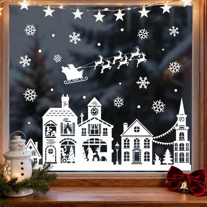 Mfault Christmas White House Window Clings, Xmas Santa Claus Reindeer Snowflake Stickers Decals Decorations, Snowy Winter Holiday Sleigh Home Kitchen Decor