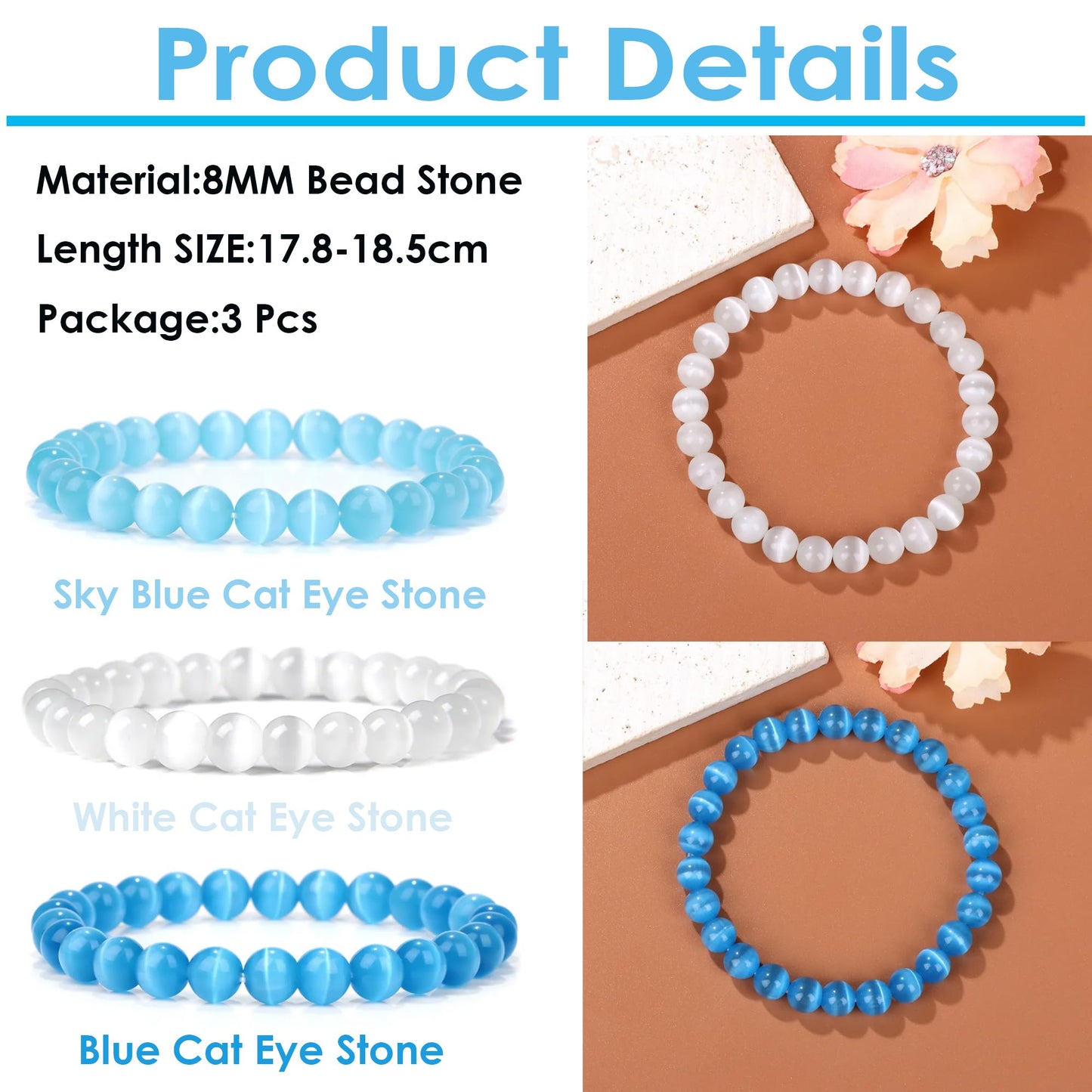 SONNYX 3PCS Healing Crystal Stone Bracelets for Women Men Semi-Precious Gemstone Bracelets 8mm Round Beads Stretch Beaded Bracelet Jewelry Gifts(Cat Eye)
