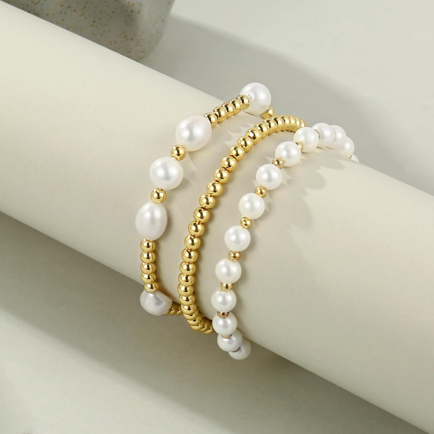 Gold Pearl Bracelets for Women Baroque Beaded Stackable14K Gold Plated Stretch Bead Ball Bracelet Jewelry Gifts （3PCS)