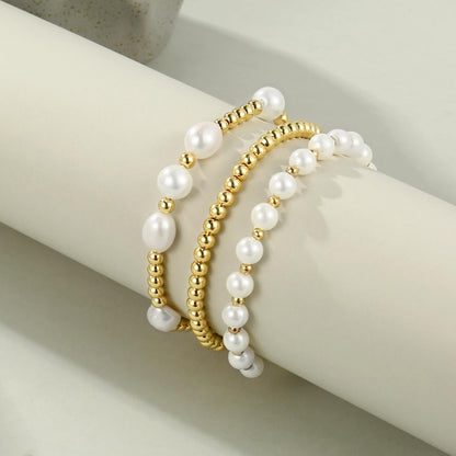 Gold Pearl Bracelets for Women Baroque Beaded Stackable14K Gold Plated Stretch Bead Ball Bracelet Jewelry Gifts （3PCS)
