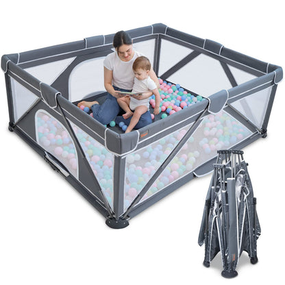 Yobear Foldable Baby Playpen (71"x59") - Portable Play Yard for Babies and Toddlers with 50 Ocean Balls, 2 Pull Handles & Carry Bag - Easy Setup Safe Indoor Outdoor Kids Activity Center (Dark Grey)