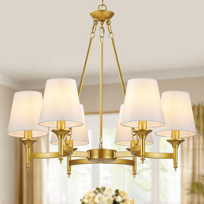 CNRATYE Gold Chandelier with White Shades, 6-Light Modern Farmhouse Chandeliers for Dining Room, Rustic Round Hanging Light Fixture for Kitchen Island Bedroom Office Living Room Entryway