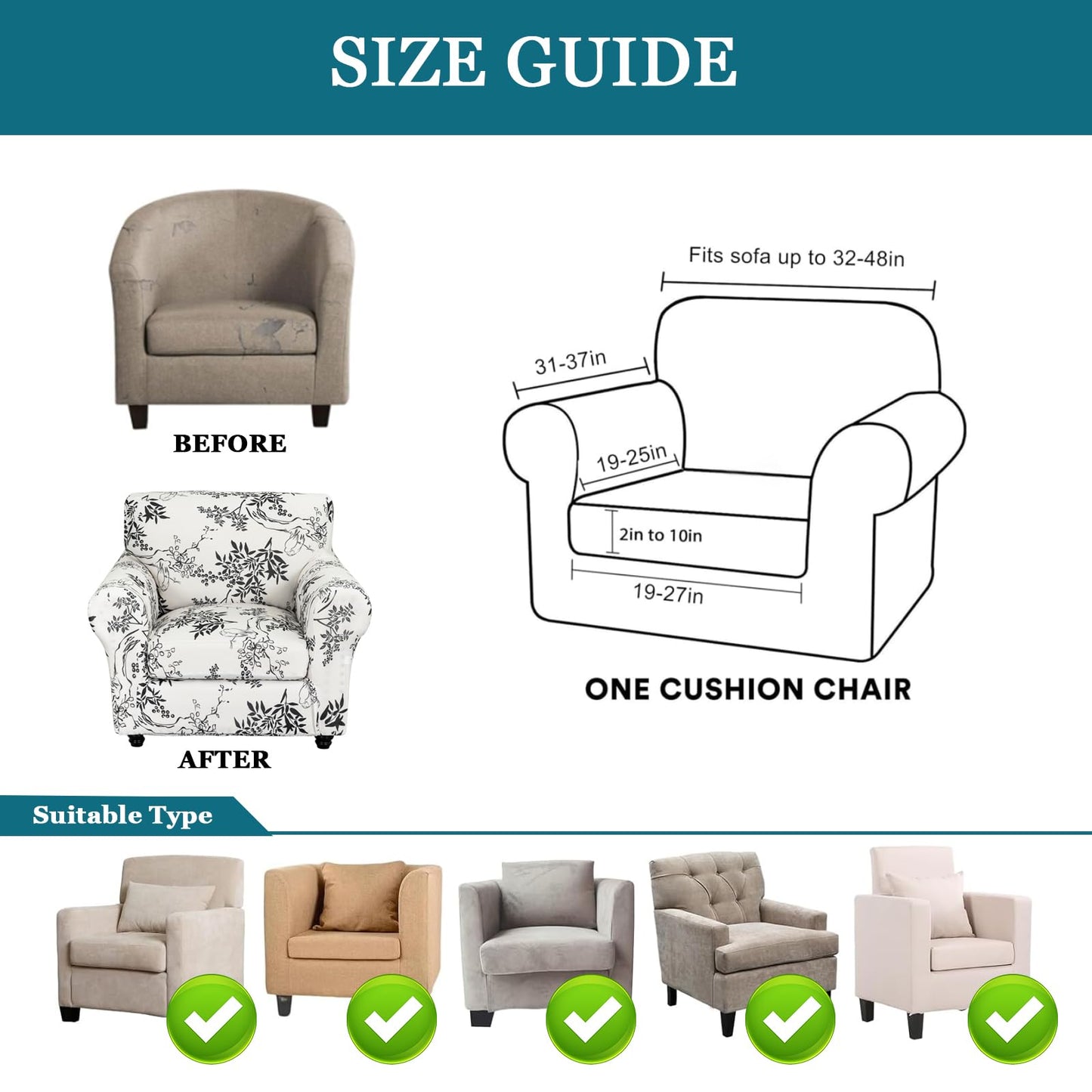 FUANGUI 2 Piece Chair Covers Stretch Arm Covers Chair Couch Covers, Armchair Slipcover with Separate Chair Cushion Cover, Floral Washable Chair Protector for Living Room (Armchair, Ink Pattern)