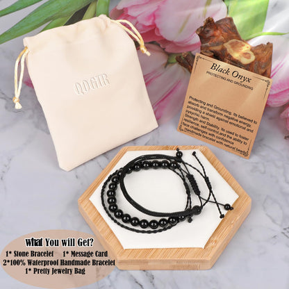 QOGIR Handmade Healing Bracelets,8mm Natural Black Onyx Gem Stone Beads Bracelet for Men Women Gifts with 2PCS Size Adjustable Rope Bracelets