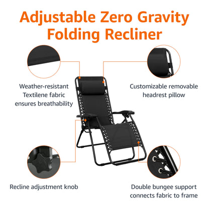 Amazon Basics Outdoor Patio Zero Gravity Portable Folding Reclining Lounge Chair with Padded Headrest Pillow, Weather Resistant Textilene, 26", Black