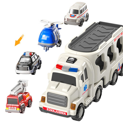 TEMI 5 Pack Ambulance Vehicle Toddler Truck Toys for 3 4 5 6 Year Old Boys, Friction Powered Cars with Toy Helicopter, Police Car, Fire Truck, Ambulance Car, Birthday Gifts for Girls Age 3-9
