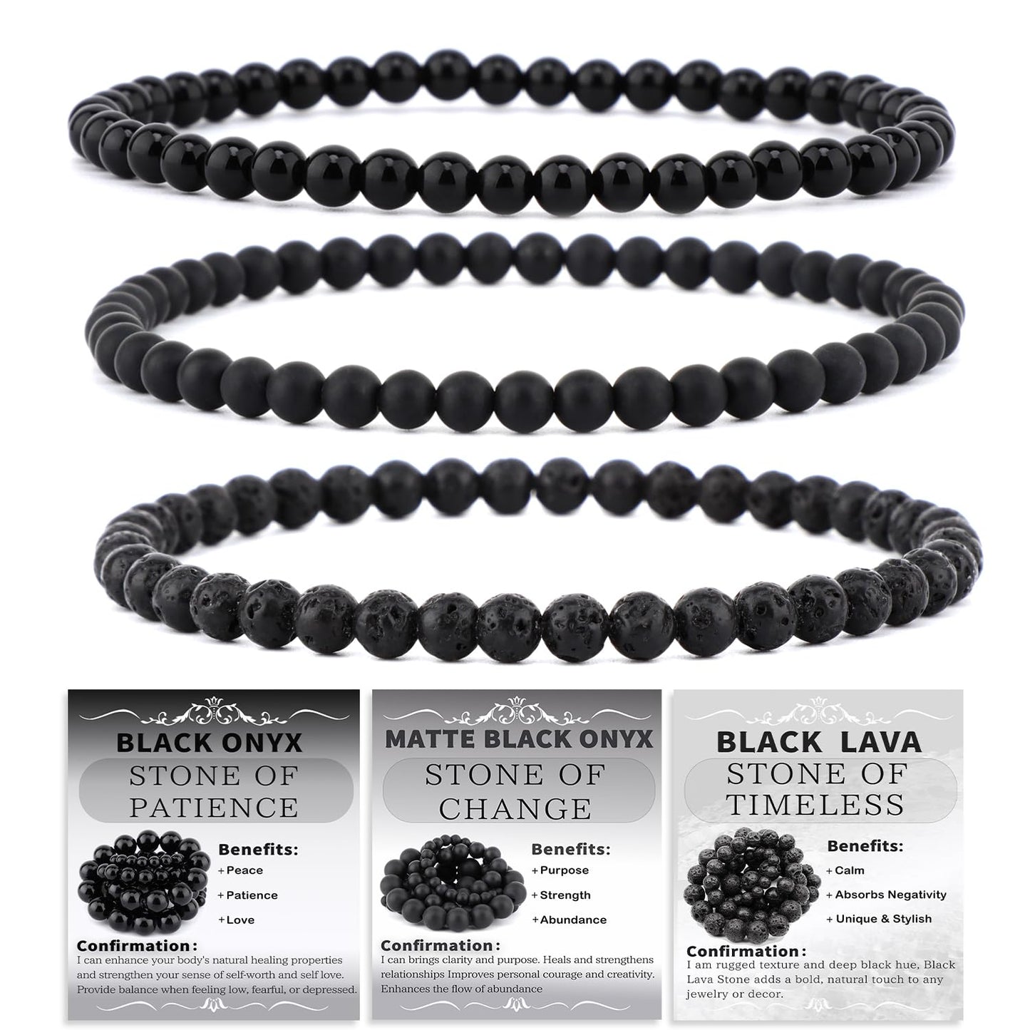 CMBYN 3-Pieces 4mm Natural Crystal Gemstone – ﻿Black Lava, Black Onyx, Matte Black Agate Handmade Reiki Energy Healing Stretch Bracelets Jewelry for Yoga, Meditation, Unisex