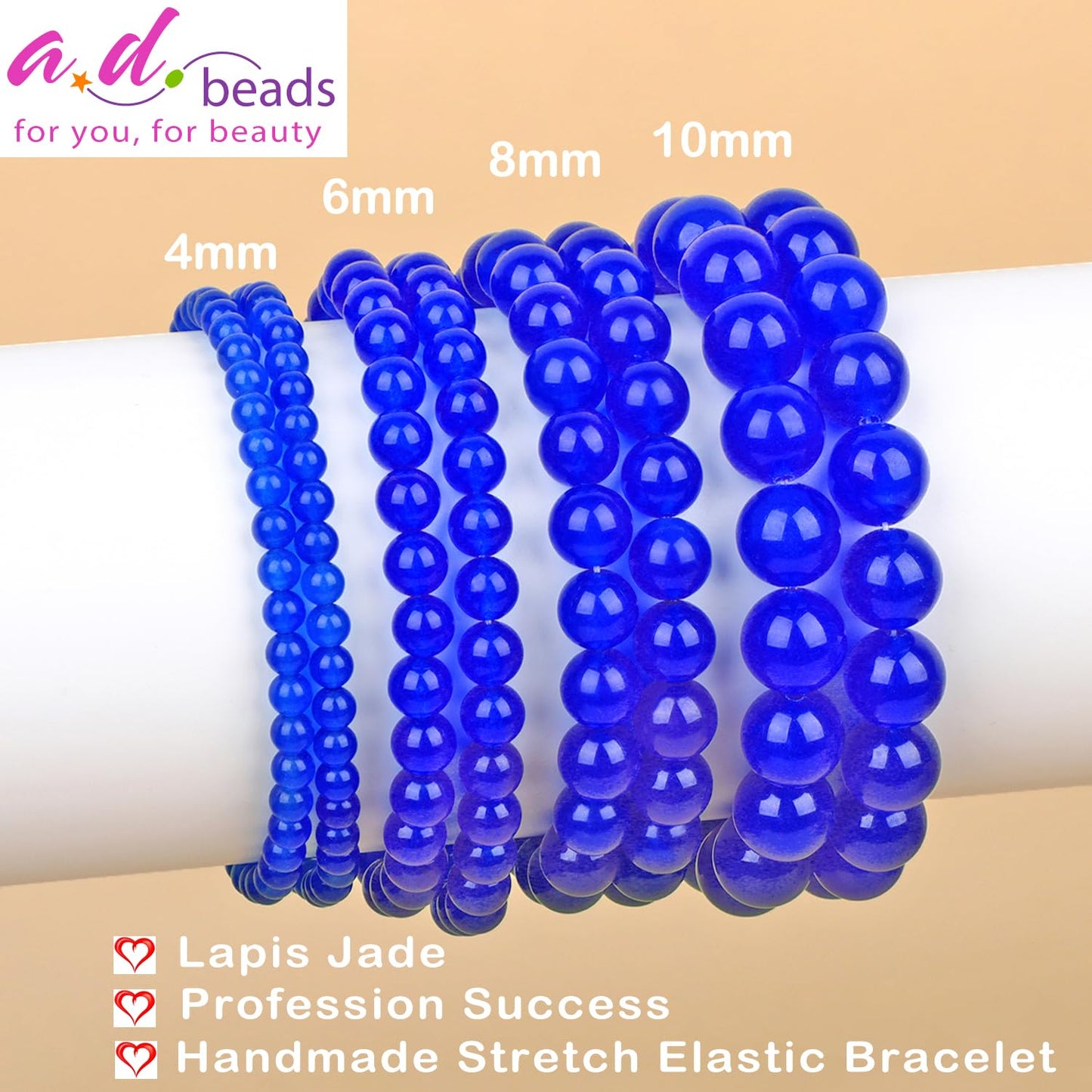 AD Beads Handmade Gemstone Stretch Elastic Bracelet Crystal Healing Reiki Nature's Beauty and Spiritual Essence Unisex (4mm, Blue Lapis Jade (Profession Success))