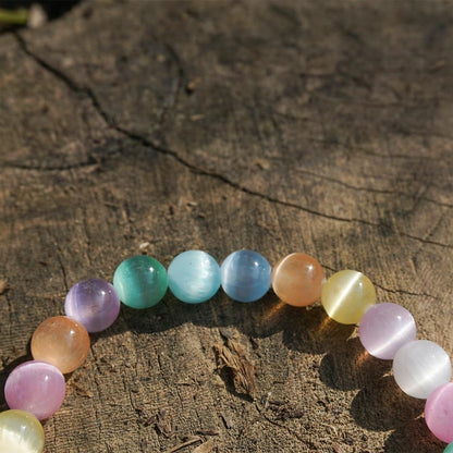 8mm Rainbow Selenite Bracelet - Iridescent Natural Crystal | Handmade Meditation Bracelet with Cat-Eye Effect | Come with Beading Tool Kit - Adjustable to 6.5-7.5 inches Wrist Size