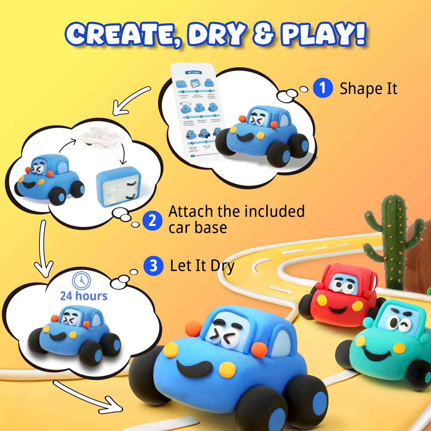 Air Dry Clay Kit for Kids - Pull Back Car Making, 3 Boxes Modeling Clay with Sculpting Tools, Base, Backing Board, Tutorial, Ultra Light & Soft, Non-Toxic & Safe, Creative DIY Arts and Crafts Toys