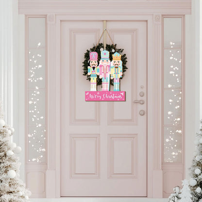Whaline Christmas Wooden Hanging Sign Xmas Pink Blue Nutcracker Welcome Wood Sign Holiday Door Decor Signs for Indoor Outdoor Porch Wall