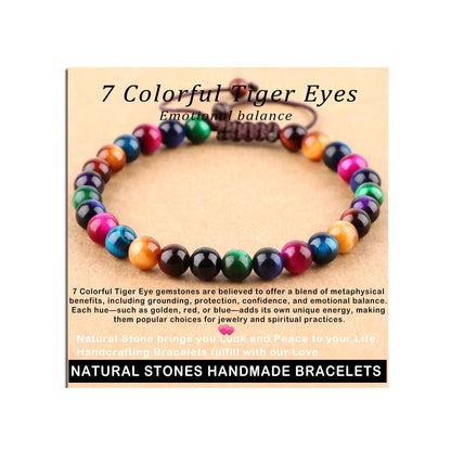 AD Beads 6mm 7 Colorful Tiger Eyes - Emotional balance - Handmade Natural Stone Crystal Bracelet with Adjustable Macrame String - Yoga Healing Power Energy Gifts for Men and Women
