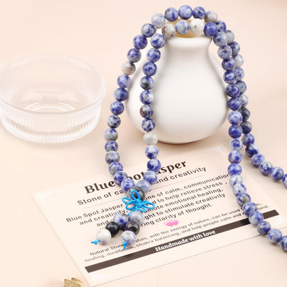 AD Beads 8mm 108 Prayer Mala Blue Spot Jasper Elastic Bracelet - Calmness and Creativity - Handmade Yoga Meditation Healing Power Energy Gifts for Unisex Adult.