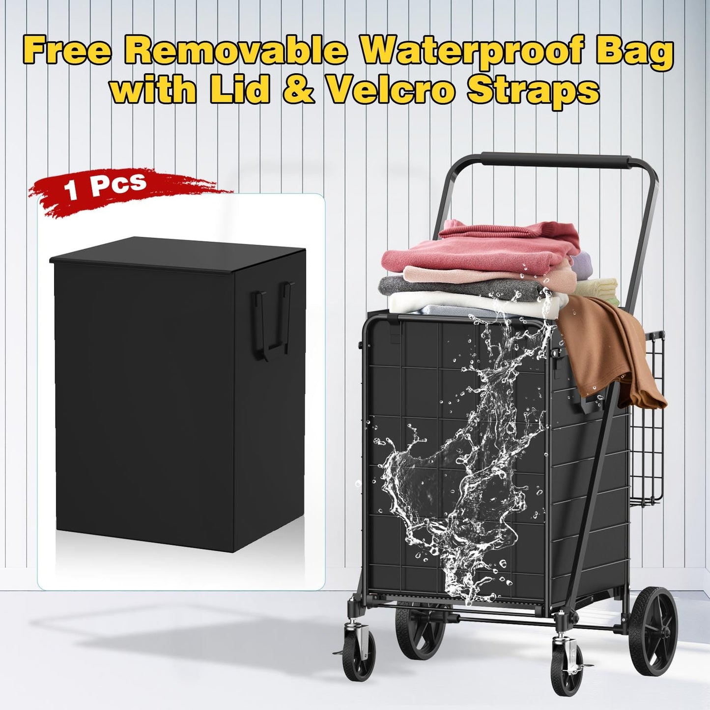 XING LANG 4.5 Cu Ft Folding Shopping Cart - 420 LB Capacity Grocery Cart with 360° Braked Swivel Wheels - Heavy Duty Utility Cart with Double Basket & Removable Waterproof Liner with Lid for Laundry