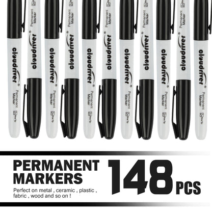 cloudriver Permanent Markers, 148 Pack Black Permanent Markers Set, Fine Point, Bulk Permant Markers Work on Wood, Plastic, Metal, Stone, Glass