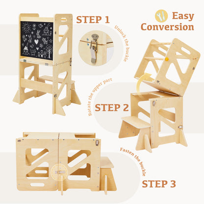 Toddler Kitchen Stool, 4 in 1 Foldable Toddler Tower with Anti-tip Structure, Montessori Learning Standing Tower for Kitchen Counter & Bathroom Sink, Kitchen Stool Helper for Kids 18M+