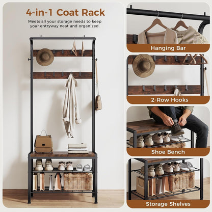 KMFurnila Hall Tree with Bench and Shoe Storage, 4-in-1 Entryway Organizer with 10 Hooks and Storage Shelf,Coat Rack Freestanding with 2-Tier Storage Shelf for Living Room, Bedroom Rustic