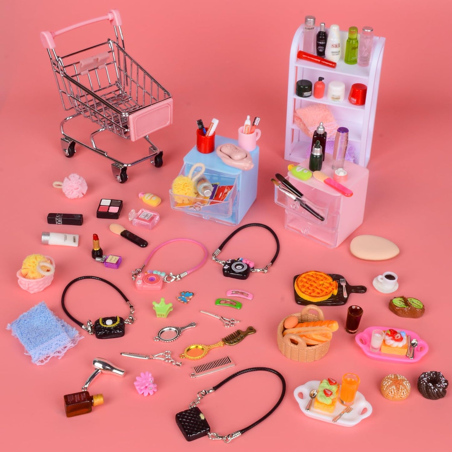 U-Zimikee 100 Pcs Dollhouse Mini Cosmetic Set，Miniature Bathroom Accessories，Mini Makeup Pretend Play Gifts for Girls，Jewelry Storage Case Shelf Handbag Camera Toiletries Dollhouse DIY Micro Scene