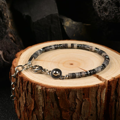 Casvia Men's Hematite & Black Grid Stone Beaded Bracelet, Adjustable Stainless Steel, Thickened Steel Wire Handmade Original Rugged Jewelry, Birthday Gift for Dad & Boyfriend