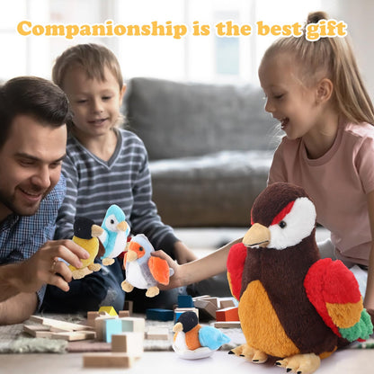 RoundFunny 7 Pcs Birds Stuffed Animals with Babies Egg and Nest 9.8 Inch Mommy Bird Forest Plush Toys Set Gifts for Kids Girls Boys Woodland Baby Shower Party Favors Birthday Classroom Prizes