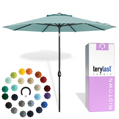 Midtown Umbrellas - 10-Year-No-Fade 9 Ft Patio Umbrella with Terylast Fabric, Auto-Tilt Aluminum Frame and 8 Reinforced Ribs for Deck, Pool, Garden & Beach - Aqua Canopy, Black Pole