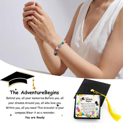 Graduation Bracelet Set 2026 for Him & Her, Natural stone Beaded Bracelet with 7 Chakra Stones or Matte Style, Compass Keychain, Card & Gift Box for High School College Grad (Vibrant Chakra)