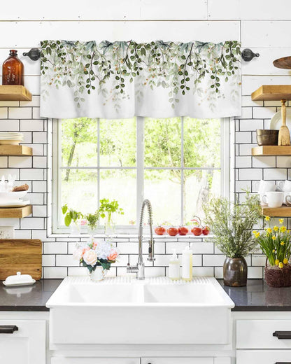 AYTTBIS Sage Green Eucalyptus Leaves Curtain Valance for Windows Watercolor Window Treatments 1 Panel Short Curtains for Kitchen Windows Bathroom Bedroom,42 x 12 Inch