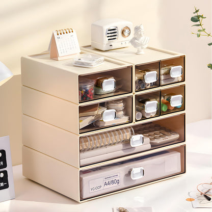 OSteed Spacious Desktop Storage Box, 1 Large 1 Middle & 2 Small Storage Drawers, Stackable Office Desk Drawer Organizer and Accessories, Printer Paper Organizer, Cream Plastic Drawers for Workspace