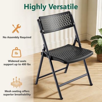 FurniEdge Black Folding Chairs 4-Pack, Breathable Plastic for Card Tables & Indoor Outdoor, Easy-Clean & Supports 400 Lbs