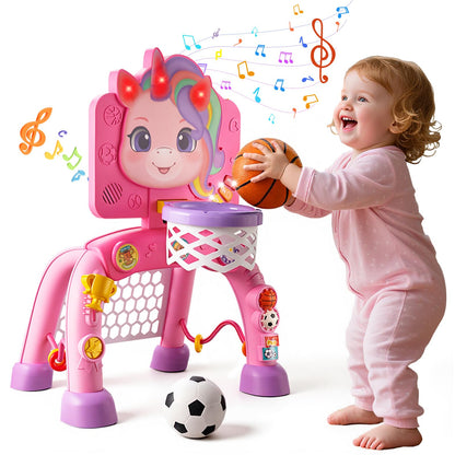 JMMICO Toddler Basketball Hoop & Soccer Goal Activity Center, Interactive Toys with Light Music,Unicorn Toddlers Musical Toys Gift, Baby Birthday Easter Gifts Gift for 1 2 3 Year Old Boys Girls