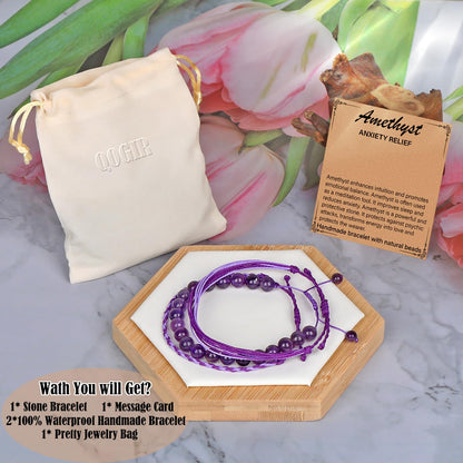 QOGIR Handmade Healing Stones Bracelets,8mm Natural Amethyst Beaded Bracelets,for Men Women Gifts with 2PCS Size Adjustable Rope Bracelets