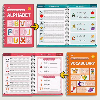 TIME X Magic Grooved Writing Practice Books, Reusable 3D Groove Handwriting Practice Workbooks for Kids Ages 3-8, Large Preschool Writing Books with Disappearing Ink for Kids 5-7 (Practice 6-Books)