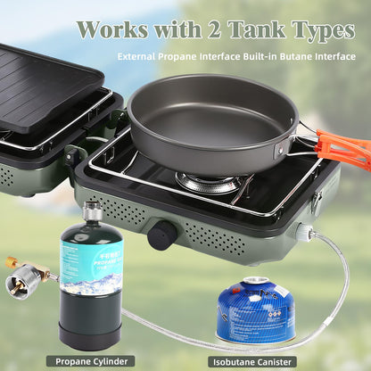 Hisencn Camping Stove,2 Burner Propane Camping Stove with Windscreen,30,000 BTU Portable Propane Stove with Carry Bag,Outdoor Cooking Stove set for Camping Gear,RV Essentials,Camp Gifts for Man,Green