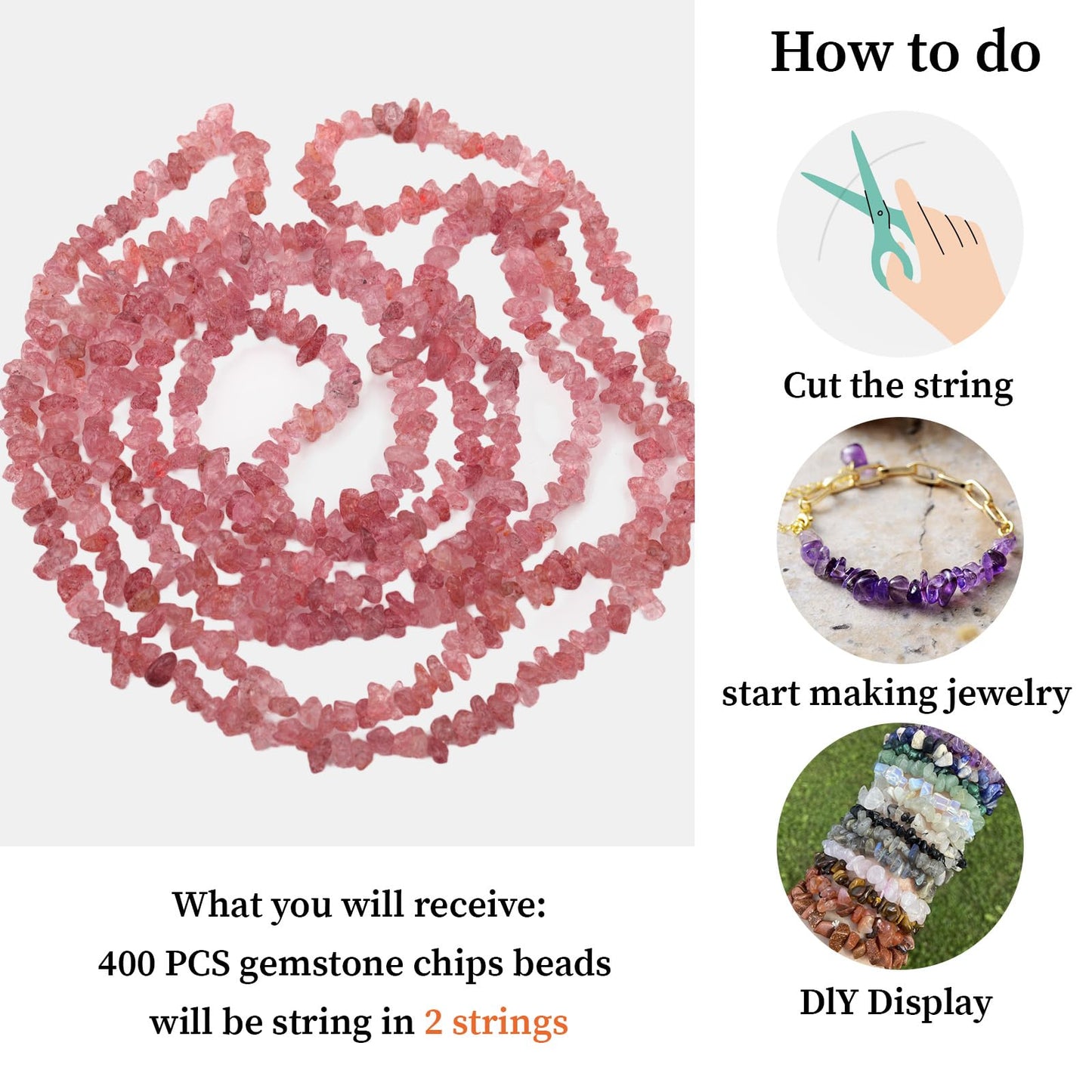 400pcs Natural Chip Stone Beads for Jewelry Making Strawberry Quartz 5-8mm Irregular Gemstones Healing Crystal Loose Rocks Bead Hole Drilled for Ring Earrings Necklace Bracelet Making DIY Art Crafts