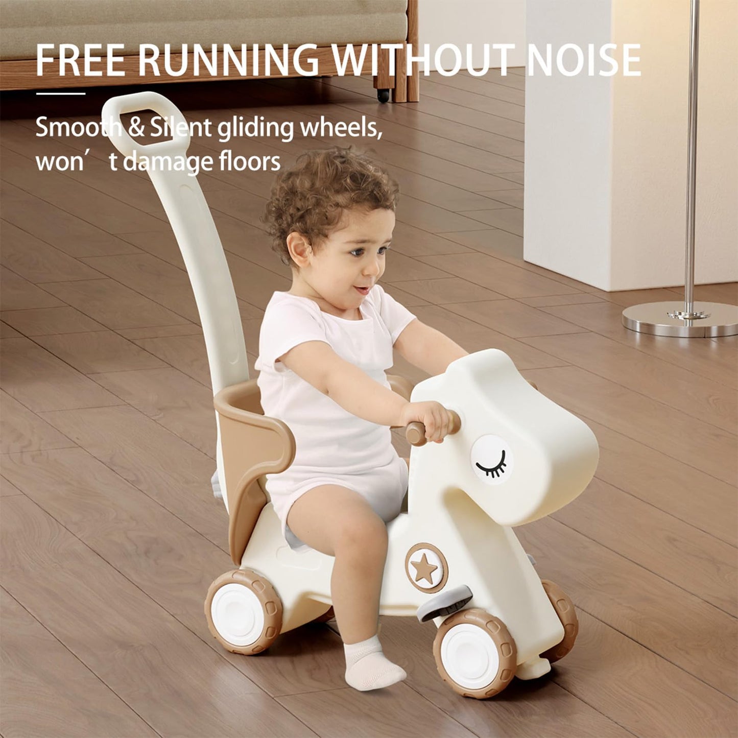 Deer COCO 4 in 1 Rocking Horse for Toddlers 1-3, Baby Ride On Toys with Balance Board & Push Handle, Convertible Push Car, Birthday Gift for 1 Year Old Boys Girls (Tan)