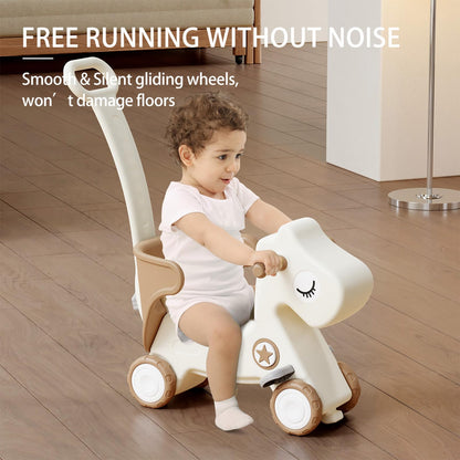 Deer COCO 4 in 1 Rocking Horse for Toddlers 1-3, Baby Ride On Toys with Balance Board & Push Handle, Convertible Push Car, Birthday Gift for 1 Year Old Boys Girls (Tan)