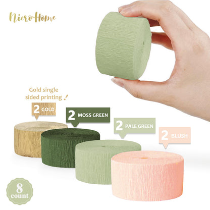 NICROHOME EUR Wedding Party Decorations, 8 Rolls Moss Sage Green Pink Crepe Paper Streamers for Boho Baby Shower, Wedding, Engagement Party, Spring Party, Birthday Party Supplies, 82 ft Long